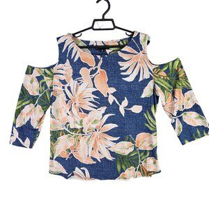 Womens N Touch Blue Peach Green Floral Blouse Cold Shoulder Size M